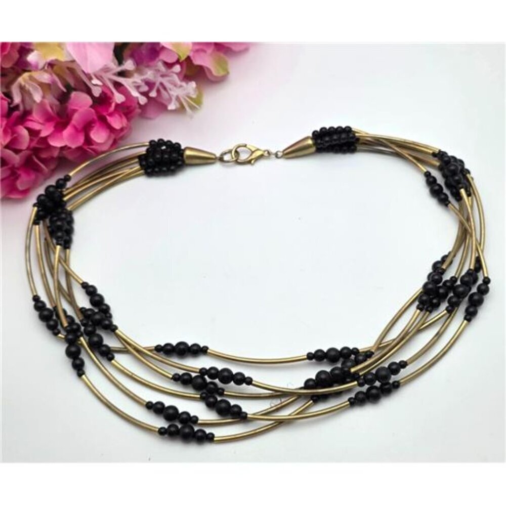 Gold Tone Black Bead Multi Strand Collar Necklace 19 In Modern Statement